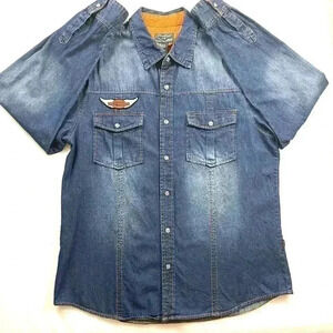 Harley Davidson Wearfirst Men's Snap Down Faded Denim 100% Cotton Shirt Size L